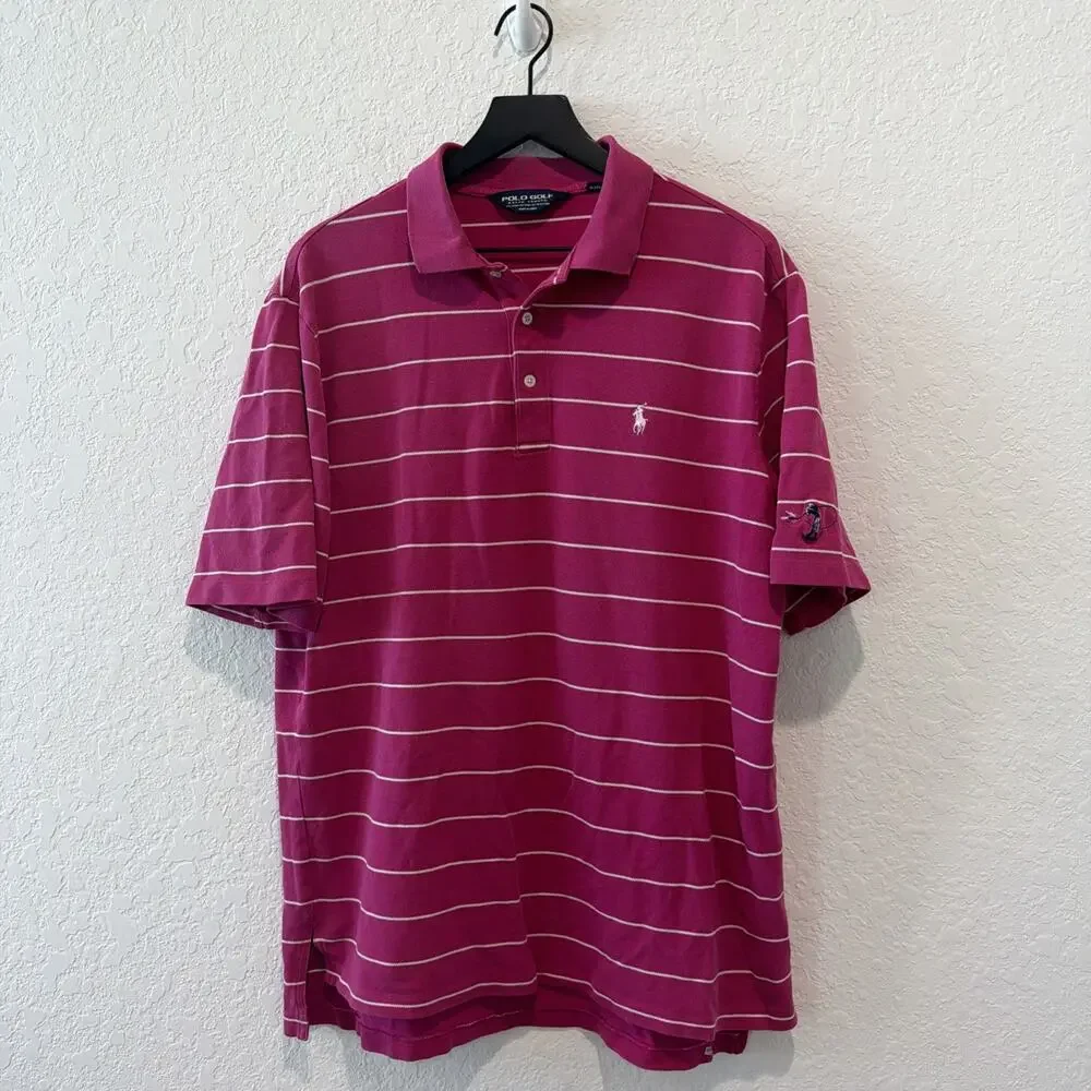 Vintage Polo Golf Ralph Lauren Embroidered Dark Pink White Striped Pima Cotton